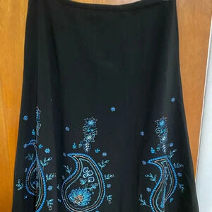 Silkland Paisley Floral Embroidered A-Line Skirt Black Boho Cottage-Core, Sz. 10